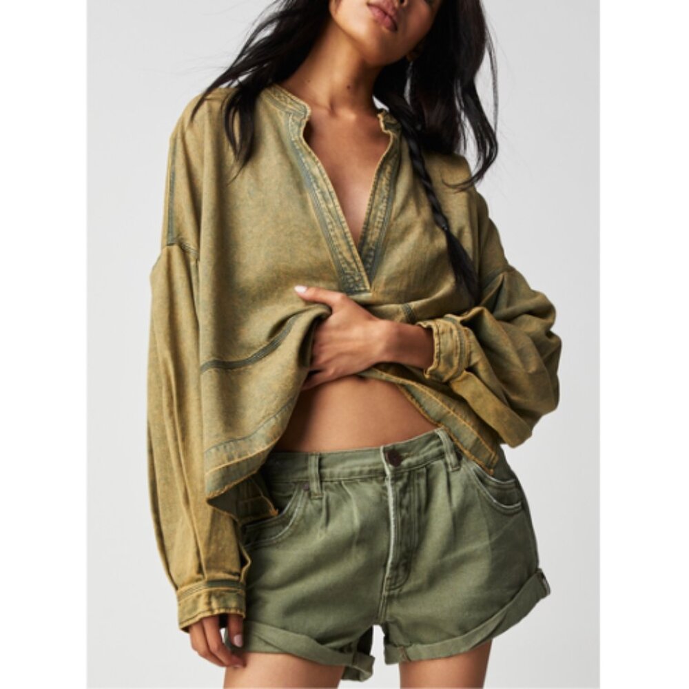 Free People Olive-Green Washed Henley Pullover